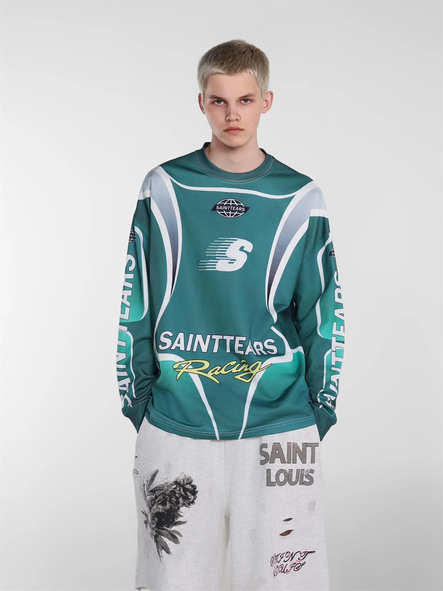 Saint michael tears all-over printed long-sleeved vintage autumn and winter T-shirt Style number: 122 Size: M L XL Wholesale price: 136 Color: blue green